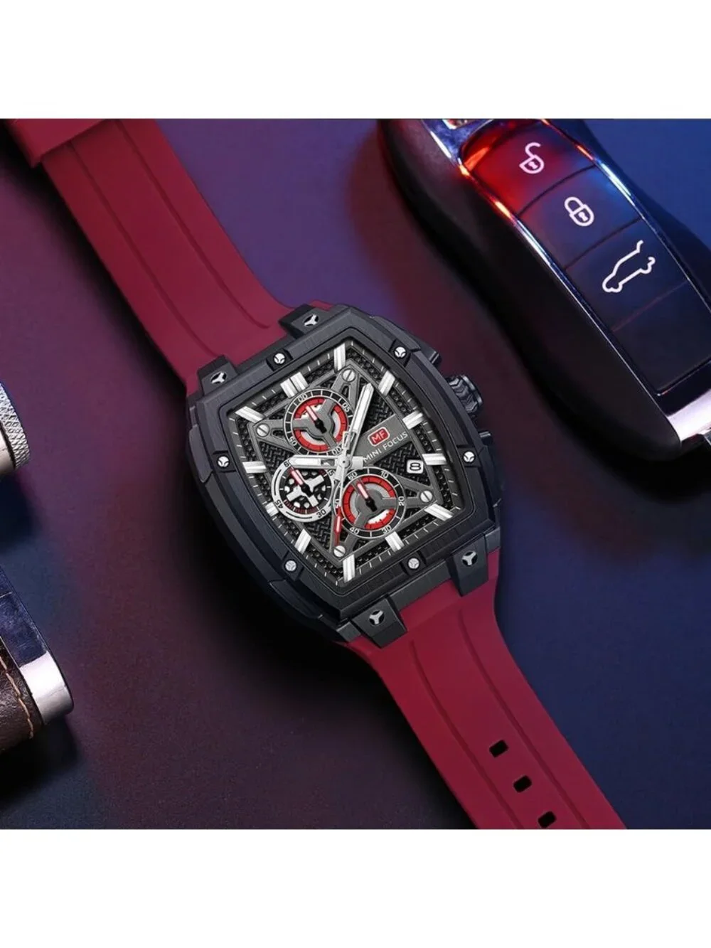Mens Red Black Analog Wrist Skeleton Tonneau Chronograph Ideal Enthusiasts Watch
